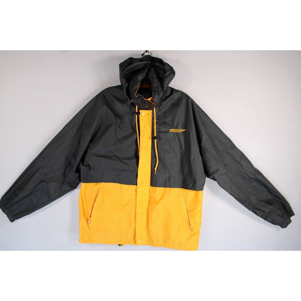 Speedo Vintage Windbreaker Jacket XS Black Yellow Hooded Full Zip Nylon